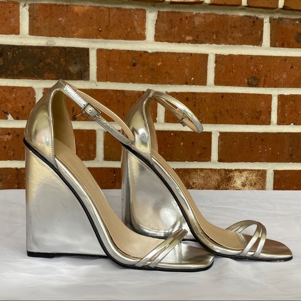 ASOS Metallic Silver Wedge Ankle Strap Sandal